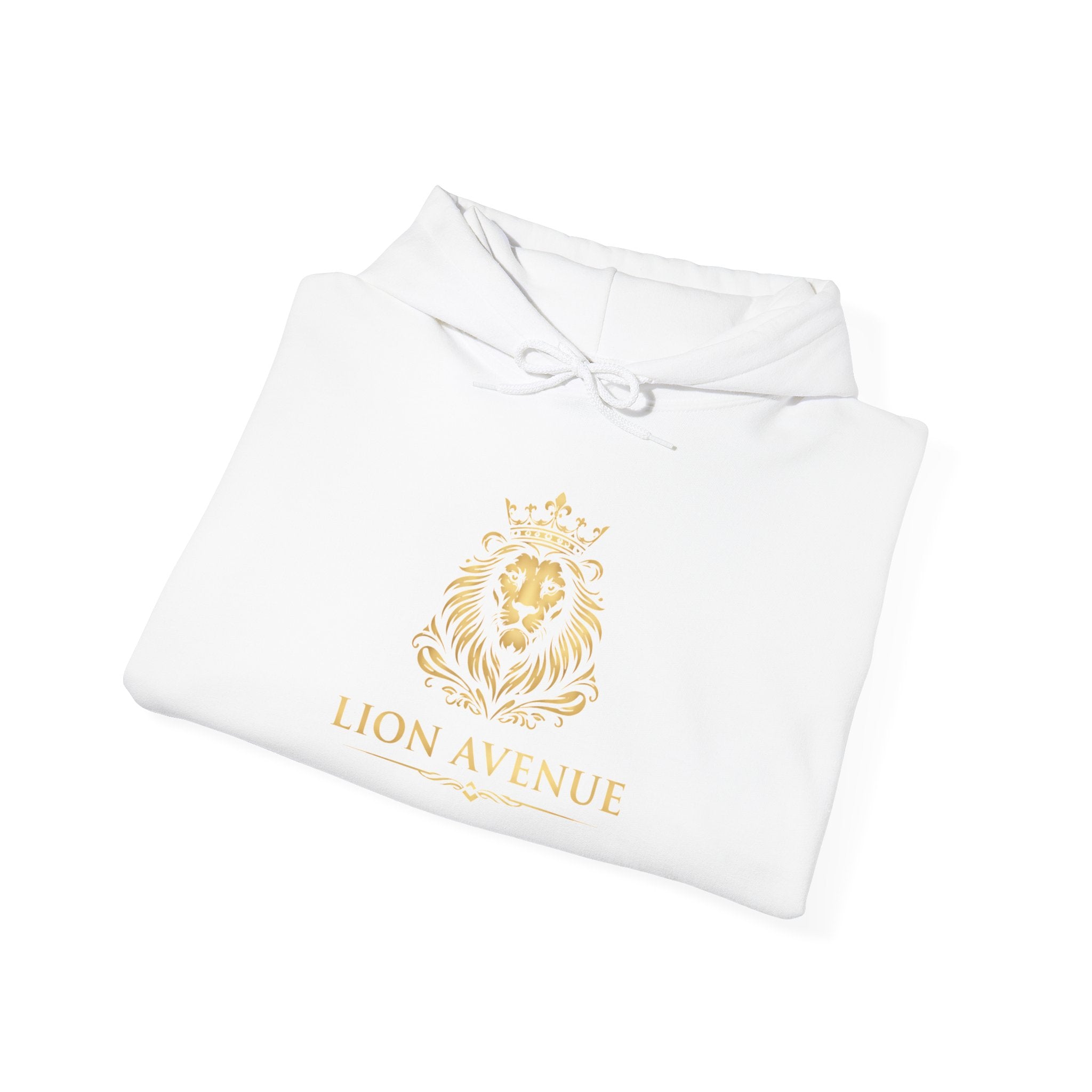Lion Avenue Crest Hoodie — Elegant Gold Emblem Pullover